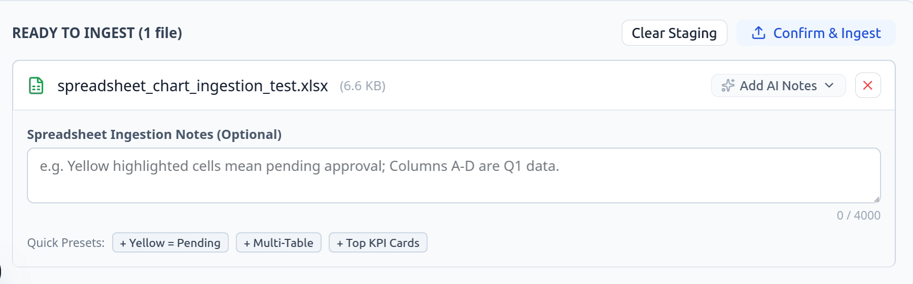 Staged spreadsheet file with optional AI notes and preset buttons