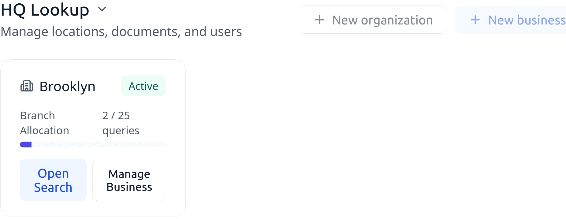 HQ Lookup dashboard showing New Business action and monthly usage quotas